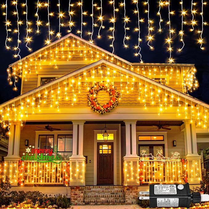 Warm White Christmas Lights Outdoor Icicle Lights for Outside 66ft 640 LEDs | Twinkle String Lights with Connectable Clear Wire 8 Modes Timer Plug in Waterproof for House Eaves Yard Party Holiday Decor