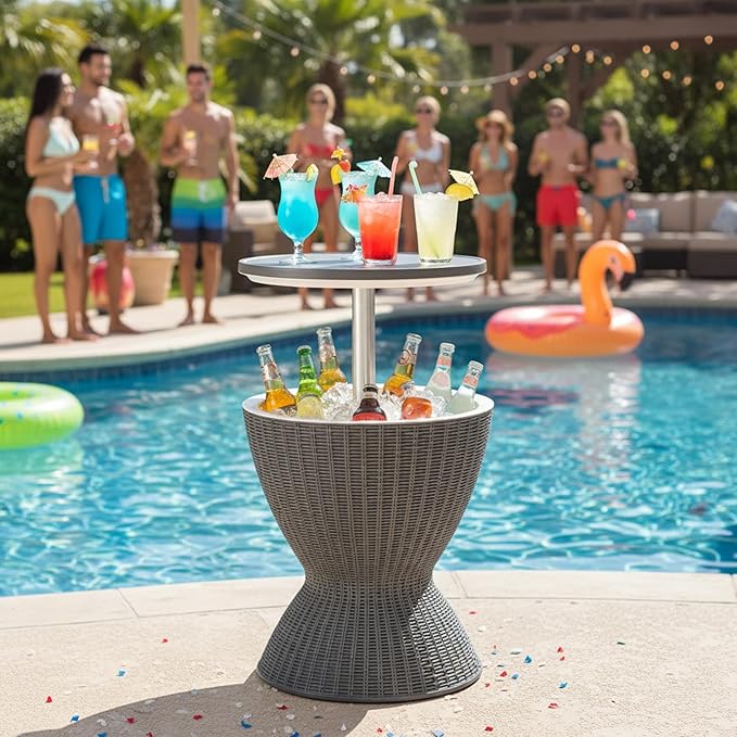Tangkula Outdoor Cooler Table, Multi-Functional Cooler Bar Table, Adjustable Height Ice Cooler Side Table w/Drain Plug, 8 Gallon Beer & Wine Cooler, Rattan Style Patio Furniture for Pool Parties
