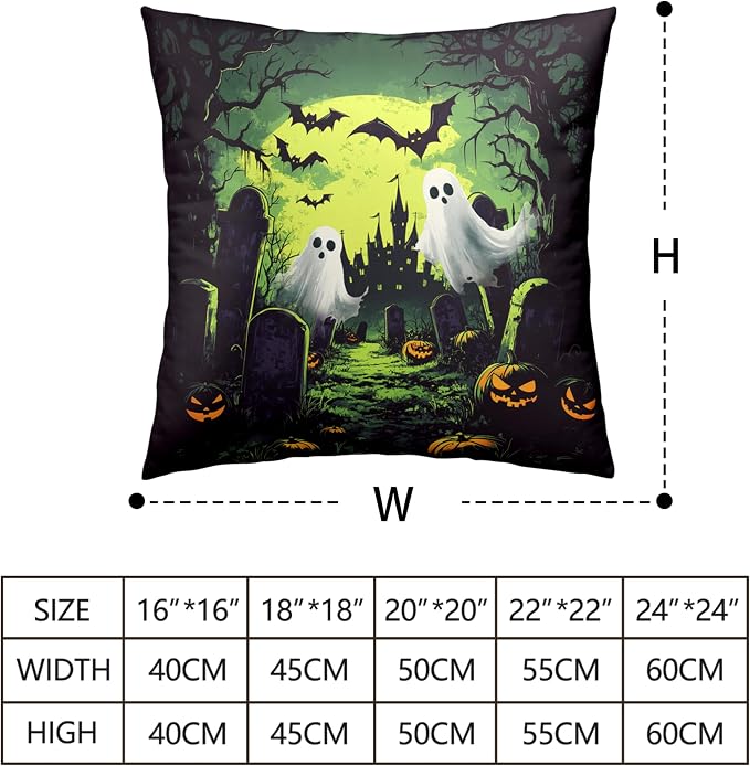 2 Pack Halloween Pillow Covers 24x24 Graveyard Ghost Throw Pillow Covers Horror Spooky Green Full Moon Night Pillow Case Bat Pumpkin Cushion Case for Holiday Party Decor Couch Sofa