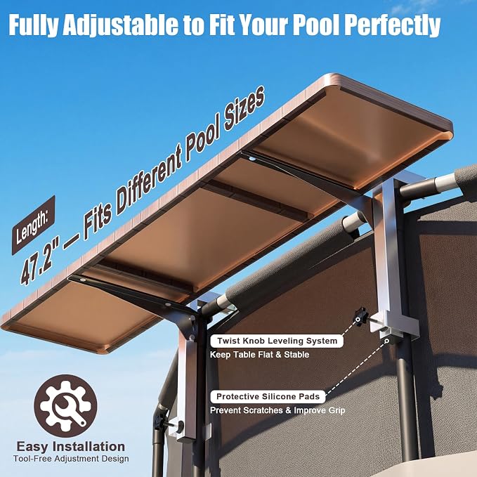 Uniflasy Above Ground Pool Accessories Pool Bar for Above Ground Pool Bar Table 47.2" 110LBS Heavy Duty Swimming Poolside Bar Table Shelf Deck Attachment for Round Oval Pools, Adjustable Folding