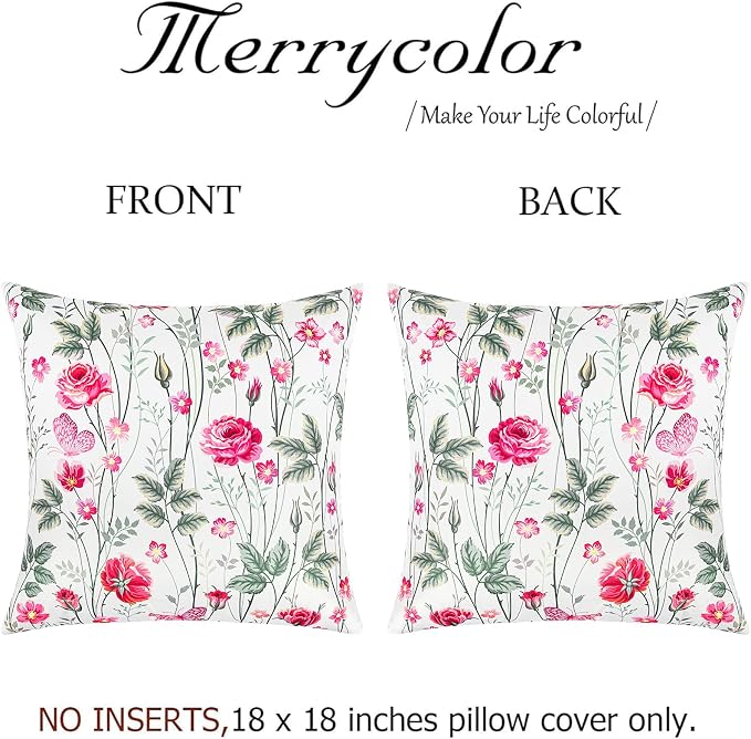 Merrycolor Waterproof Floral Pillow Covers 18x18 Inch Set of 2 Summer Accent Cushions Outdoor Decorative Square Couch Cushion Cases for Patio Garden Beach Sofa,Green-Red