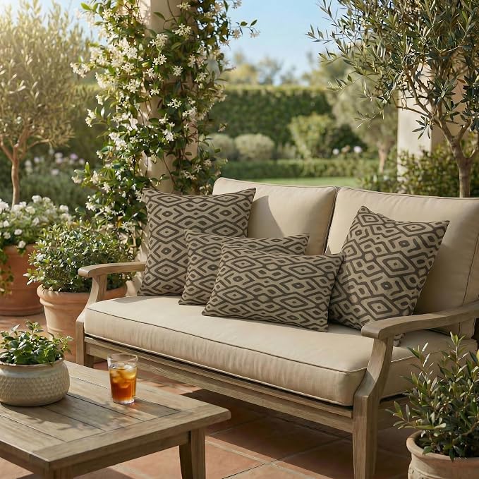 RSH DECOR: Lumbar & Square Pillows Set of 4 | 20" x 12" & 17" x 17" | Water and Fade-Resistant Performance Fabric | Outdoor Throw Pillows for Patio Furniture | Made in USA (Madura Mink)