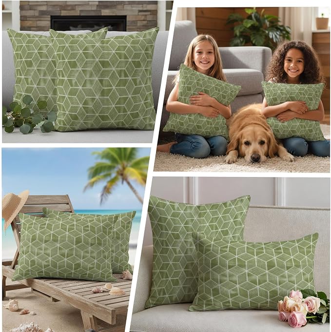 Green Honeycomb Tiling Waterproof Outdoor Pillow Covers Set of 2 Home Decor, Wooden Grain Blocks Lumbar Pillowcase Patio Pillow Covers for Couch Bench Patio Furniture Garden 20x12in
