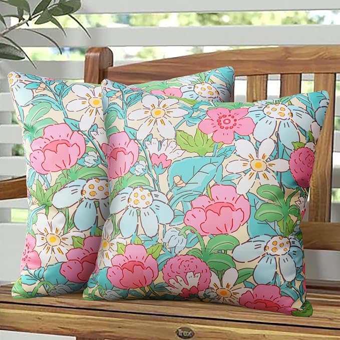 JASEN Outdoor Waterproof Throw Pillow Covers 18x18 Inch, Spring Floral Double Sided Decorative Square Covers for Patio Furniture Garden Square Couch & Sofa - Pack of 2 (Floral A)