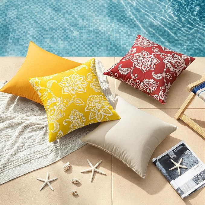 Decorative Outdoor Floral Pillow Covers Set of 2 18x18 Yellow | Waterproof Boho Farmhouse,Decorative Throw Pillow Covers,Summer Coastal Accent Pillowcases,Patio Furniture Garden Sofa