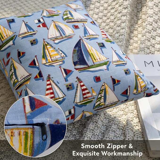 Outdoor Pillow Covers 18x18 Set of 2 Mist Sail Print, Waterproof & UV Resistant Polyester for Patio, Couch, Porch, Summer Nautical Decor