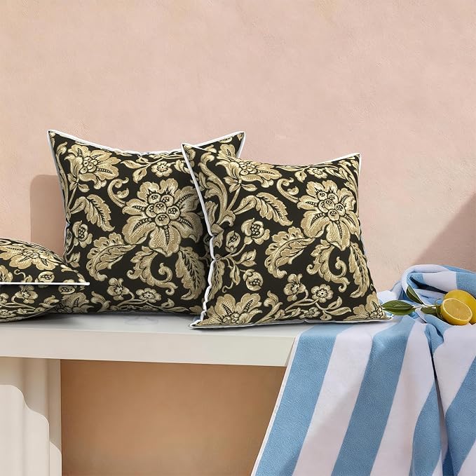 Outdoor Throw Pillows Inners, Fade Resistant Patio Furniture Square Pillows with Piping Set of 2 for Patio Furniture, 18x18 Inch, Jacobean Black