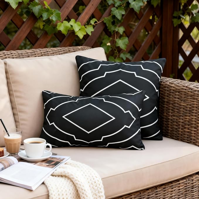 Waterproof Geometric Outdoor Pillow Covers 12x20 Inch Set of 2 | Black and White Geometric Throw Pillow Covers, Modern Decorative Cushion Cases for Patio Garden Porch Balcony Couch Sofa