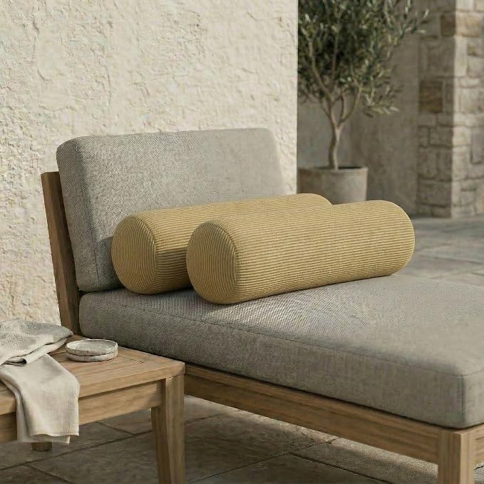 RSH DECOR: Neck Roll Bolster Pillows Set of 2 | 20” x 6" | All-Weather Spun Fabric | Water and Fade-Resistant | Outdoor Support Pillows for Patio Furniture | Made in USA (Luca Rib Pecan)