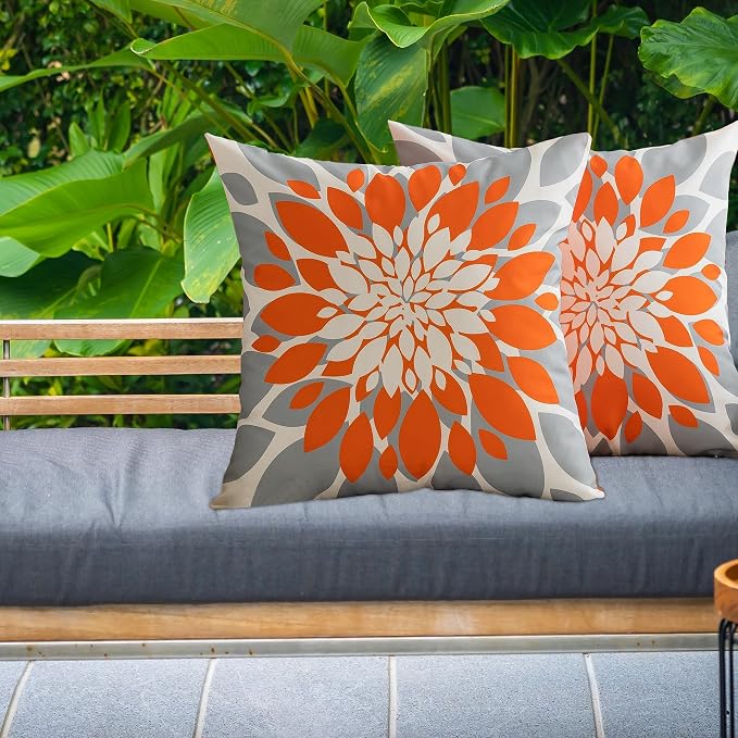 Pack of 4 Fall Outdoor Waterproof Pillow Covers 18x18 Decorative Outdoor Throw Pillows Garden Square Cushion Cases for Patio Furniture, Couch, Tent Sunbrella, Bench, Orange Grey