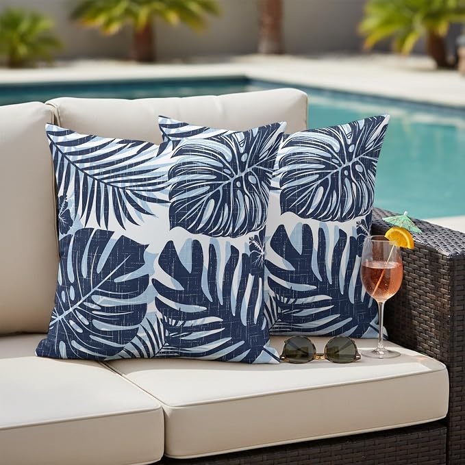 Navy Blue Palm Leaves Outdoor Pillow Covers 24"x24" Set of 2, Tropical Botanical Minimalist Modern Waterproof Throw Pillow Covers for Patio Furniture, Decorative Cushion Covers for Porch