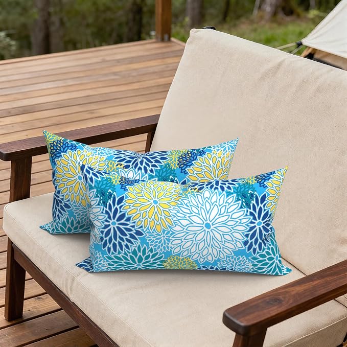 Outdoor Lumbar Pillows, Water Repellent Cushion Pillows 12x20 Inch, Outdoor Pillows with Inserts for Home Garden, Pack of 2, Dahlia Blue