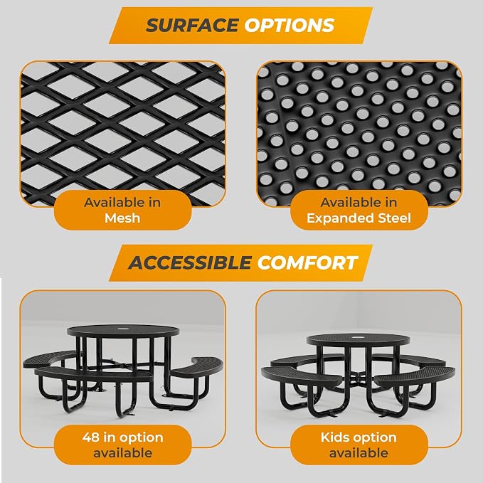 Round Metal Picnic Tables for Kids for Outdoors with Umbrella Hole, Adjustable Seats for School, Park, Playground (Brown, 38 in, Kids, Expanded Steel)