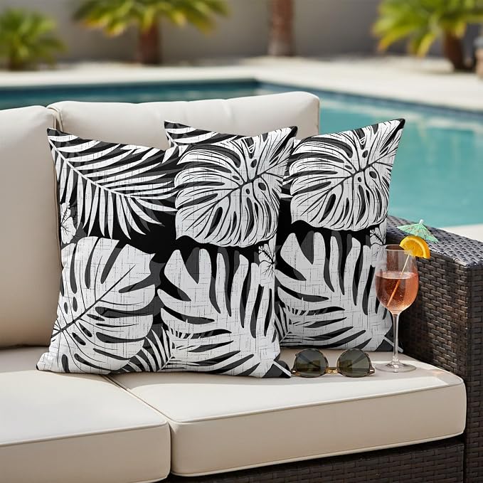 Black Palm Leaves Outdoor Pillow Covers 24"x24" Set of 2, Tropical Botanical Minimalist Modern Waterproof Throw Pillow Covers for Patio Furniture, Decorative Cushion Covers for Porch