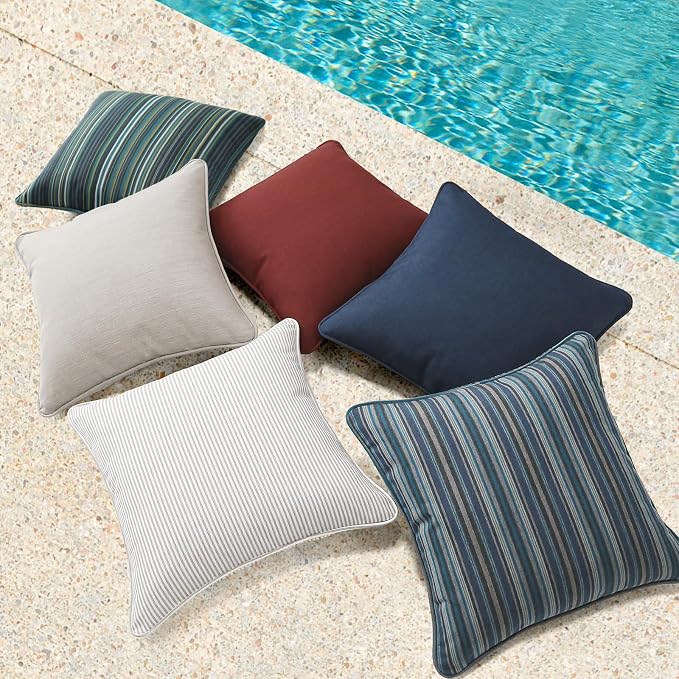 Unimatta Sunbrella Decorative Outdoor Water Repellent Throw Pillows with Inserts, Set of 4, 18" x18" Pillows for Patio, Backyard, Bed, Couch, and Patio Furniture, Beach Stripe Lagoon
