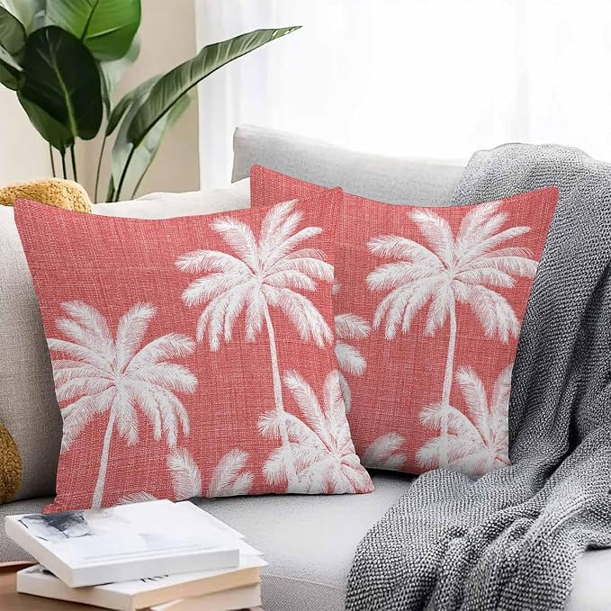 Outdoor Pillow Covers 16x16 Inch Set of 2, Coral Red Palm Trees Waterproof Throw Pillow Covers, Farmhouse Tropical Summer Beach Decorative Cushion Pillowcases for Couch, Sofa, Bed, Garden, Patio