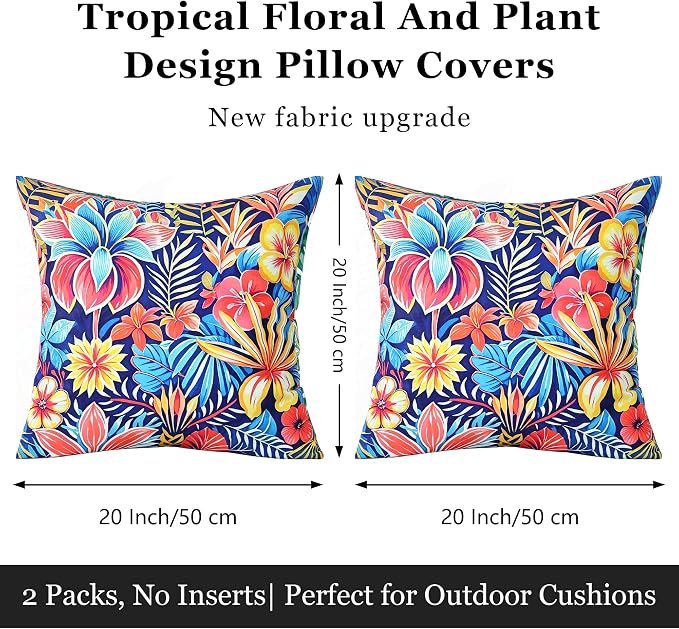Outdoor Pillow Covers 20x20 Inch Set of 2, Tropical Floral Plants Modern Throw Pillows Cases, Spring Waterproof Square Garden Cushion Sham for Patio Funiture Tent Balcony Bench Sofa, Blue