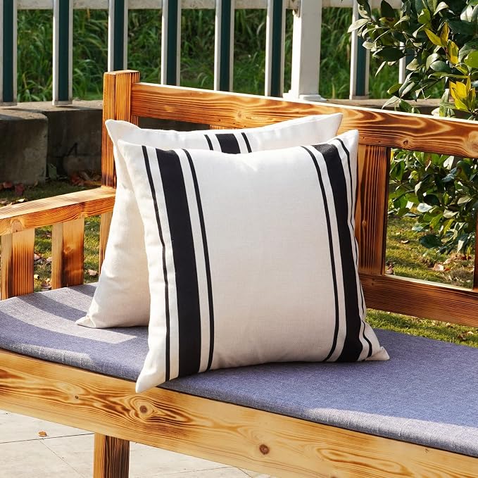 ONWAY Outdoor Pillow Covers Waterproof 16x16 Set of 2 Decorative Linen Throw Pillow Cover Beige and Black Striped Outdoor Pillows for Patio Furniture
