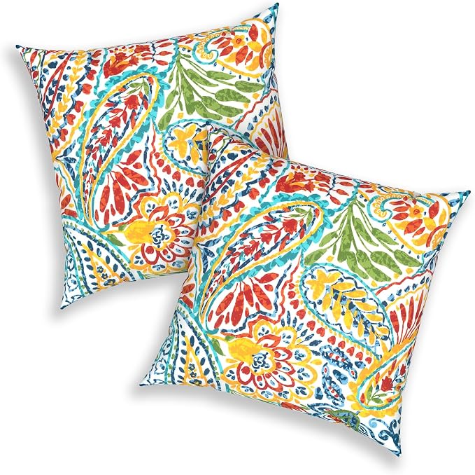 Outdoor 20x20 Inch Throw Pillows with Inners, Square Pillows Decorative Set of 2 for Home Garden Furniture, Paisley Multi
