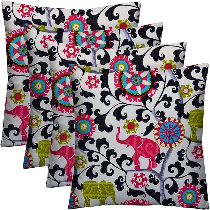 RSH DECOR Square Throw Pillows Set of 4, 17" x 17", Outdoor Pillows Waterproof, Outdoor Pillow Covers, Pillow Covers for Couch, Pink Elephant Bohemian, Made in USA