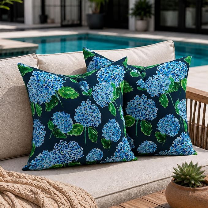 DFXSZ Outdoor Pillow Covers 18x18 Inch Set of 2 Navy Blue Hydrangea Decor Waterproof Throw Pillow Covers Spring Summer Outdoor Waterproof Pillowcases Decor for Patio Funiture Garden Sofa Couch 026B18