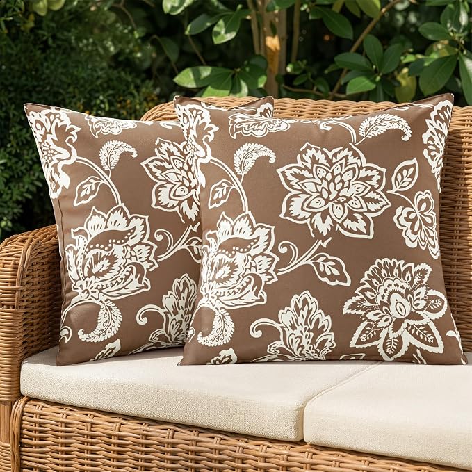 Decorative Outdoor Floral Pillow Covers Set of 2 18x18 Coffe Brown | Waterproof Boho Farmhouse,Decorative Throw Pillow Covers,Summer Coastal Accent Pillowcases,Patio Furniture Garden Sofa