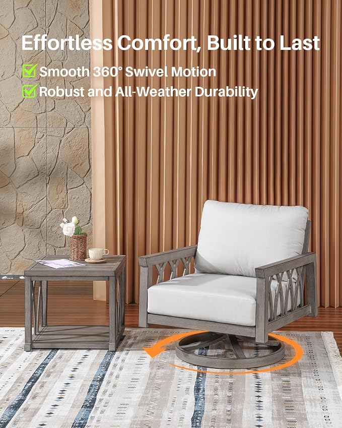 2-Piece Aluminum Outdoor Furniture Set, Swivel Patio Sofa Chair and Side Table Set, Outdoor Conversation Set with Cushions, Outside Patio Furniture Set for Garden, Balcony, Limed Oak