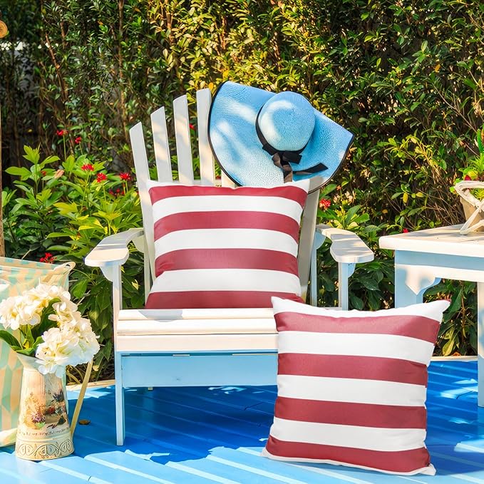 Lewondr 2 Pack Outdoor Throw Pillow Covers, 18"x18", Red + White | Square Stripe, Waterproof, For Outdoor Patio Porch Farmhouse Garden Balcony Couch, 45x45cm