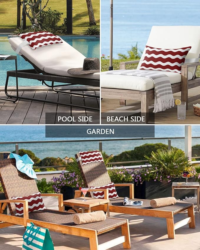 Outdoor Pillows Covers with Inserts Red Sea Wave Ripple Waterproof Recliner Pillow with Adjustable Strap Throw Pillows for Patio Furniture Pool Lounge Chair, 11x16 inch, 1PCS