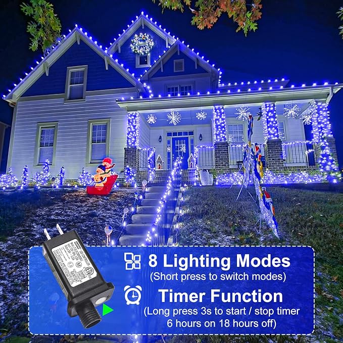 Blue Christmas Lights Outdoor, 66FT 200 LED Christmas Tree Lights | Waterproof 8 Modes Connectable String Lights for Outside Indoor House Patio Yard Xmas Garden Party Wedding Decorations