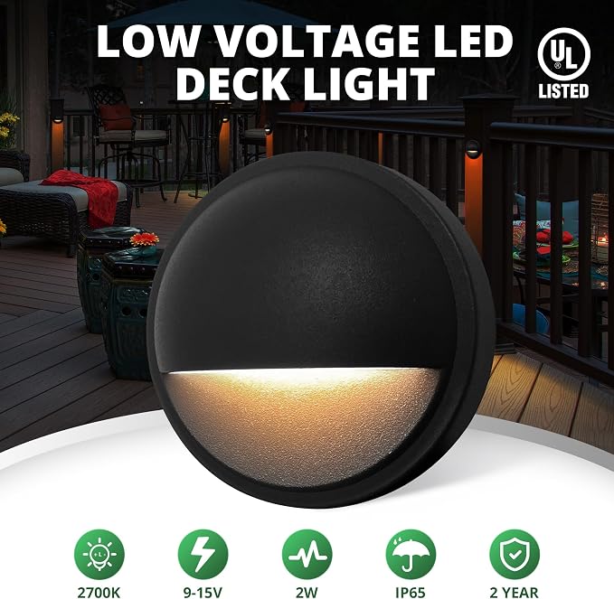 6-Pack Outdoor Low Voltage LED Deck Post Lights, UL-Listed, Black | Landscape Lighting, Stair Riser Step Fence Light for Yard, 2W, 9-15V AC/DC, Waterproof IP65, 2700K, Cut Off Design
