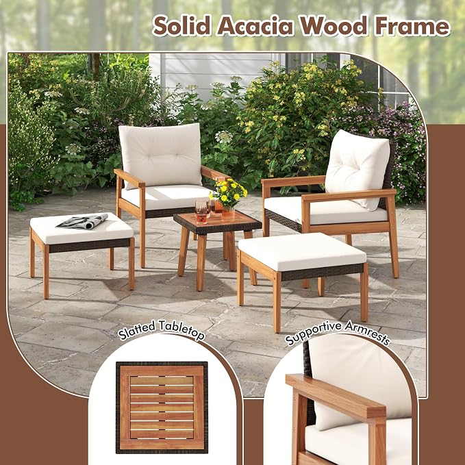 HAPPYGRILL 5 Pieces PE Rattan Patio Conversation Set, Wicker Chairs with Square Coffee Table, Ottomans & Soft Cushions, Outdoor Furniture Set with Solid Acacia Wood Frame for Porch, Balcony & Poolside