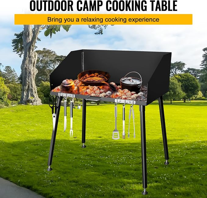 Carbon Steel Camp Cooking Table,38x16 Inch Heavy Duty Dutch Oven Table,with Three-Sided Windscreen and Four Legs for Grill Travel Table Outdoor Picnic,Beach,BBQ,Backyards