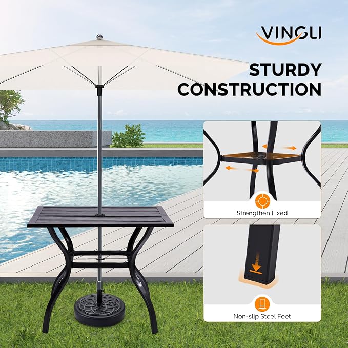 VINGLI 36" Square Patio Table for 4, Metal Outdoor Dining Table with Umbrella Hole, All-Weather Steel Patio Dining Table Outdoor Table for Lawn, Garden, Backyard, Black