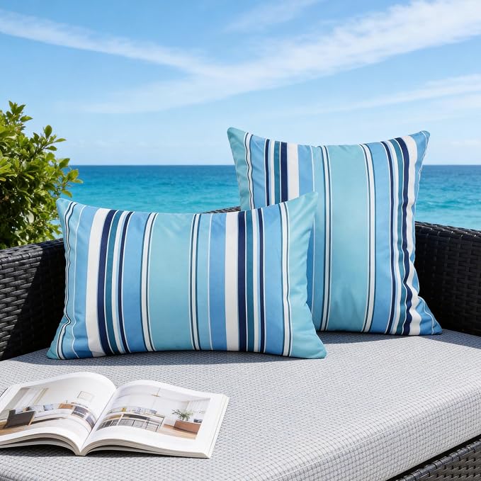 Waterproof Outdoor Pillow Covers 18x18 Inch Set of 2, Light Blue Stripe Decorative Throw Pillow Cover, Modern Farmhouse Cushion Cases for Spring Summer Patio Garden Porch Balcony Beach Sofa
