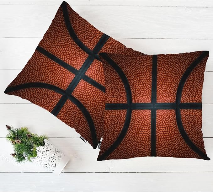 Swono Basketball Set of 2 Throw Pillow Covers Retro Sport Game Basketball Ball 18x18 Inches Pillow Cases Standard Cushion Cover Square Pillowcases for Men Women Decorative Home Bed Sofa