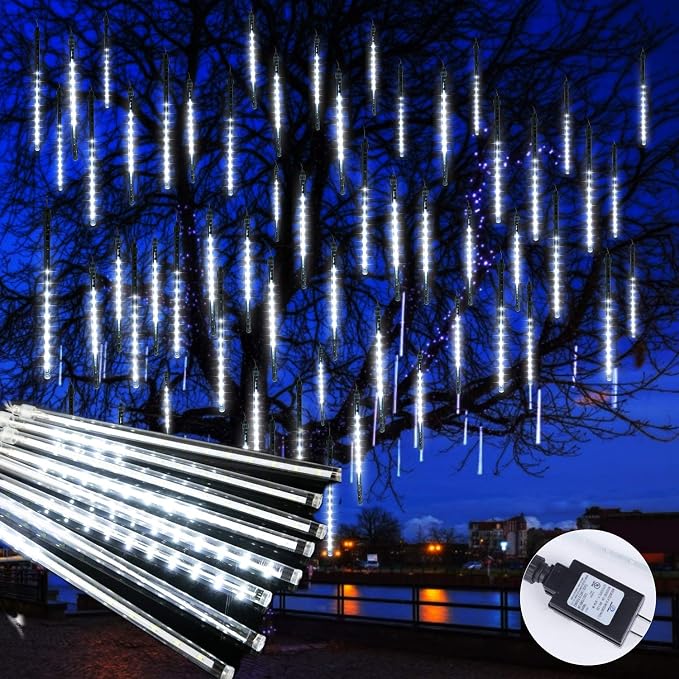 Meteor Shower Lights Outdoor, 11.8 Inches 8 Tubes 192 LED Snowfall Lights, Waterproof Meteor Christmas Light, Hanging Falling Rain Light for Tree Bushes Holiday Party Christmas Decoration, White