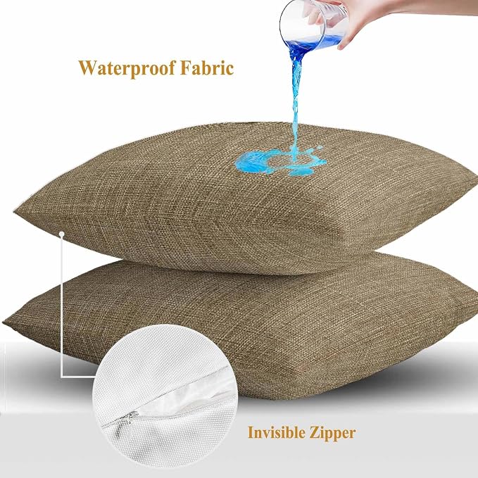 Outdoor Waterproof Throw Pillow Covers Set of 2 Brown Linen Pillowcases 20x20 Inches Farmhouse Pure Color Decorative Pillows Cushion Case Patio Pillows for Couch Bed Chair Garden