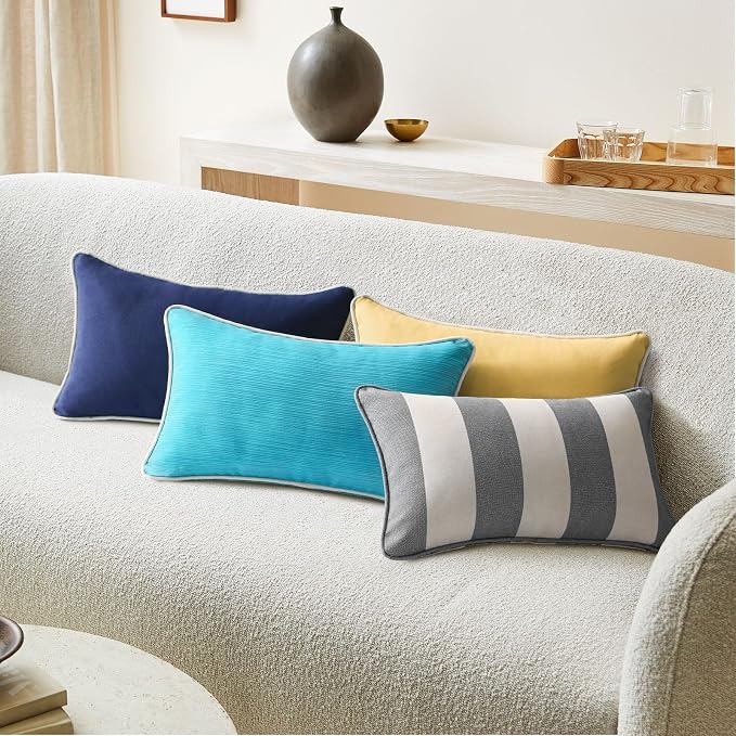 Unimatta Decorative Outdoor Water Repellent Throw Pillows with Inserts, Set of 4, 20" x12" Pillows for Patio, Backyard, Bed, Couch, and Patio Furniture, Gray Stripe