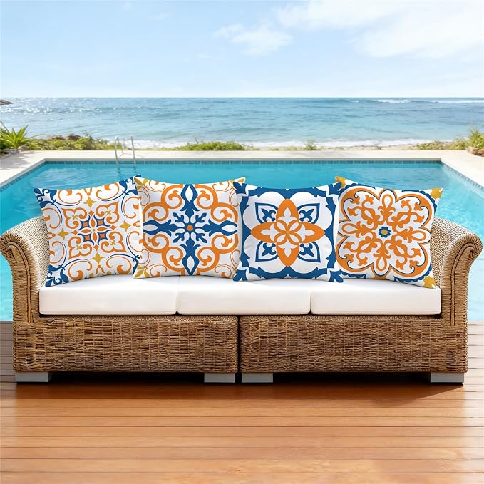 NIGHTWISH Outdoor Waterproof Pillow Covers 16x16 Set of 4 Yellow Boho Decorative Outdoor Throw Pillows Floral Cushion Cases for Patio Furniture Bench Couch Sunbrella