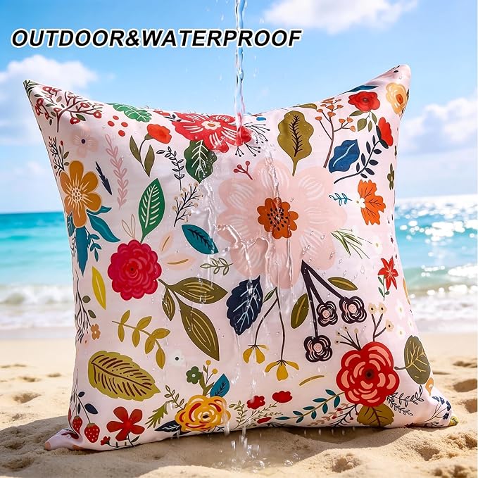 Waterproof Floral Throw Pillow Covers Summer Outdoor Decorative Pillow Covers Pink Accent Square Couch Covers Garden Farmhouse Cushion Cases 18x18 Inch Set of 2 for Patio Tent Balcony Furniture Sofa