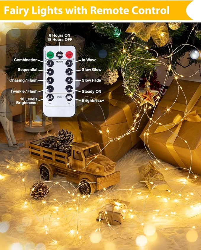 4 Pack 100 LED Fairy Lights Battery Operated with Remote, 33 FT Warm White | Cuttable, 8 Modes, Memory, Dimmable, Waterproof Battery String Lights with Timer for Indoor Outdoor, Christmas Decorations