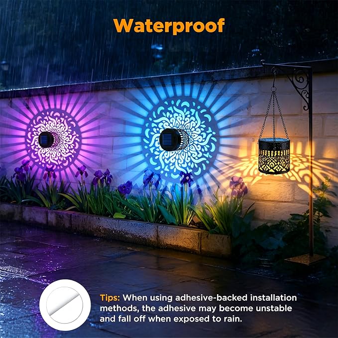 4 Pack Solar Fence Lights Outdoor, Metal Solar Powered Wall Deck Step Light | Mandala Theme, Hanging LED Waterproof Decorative Lighting for Garden Patio Backyard Post Decor, 7 Colors