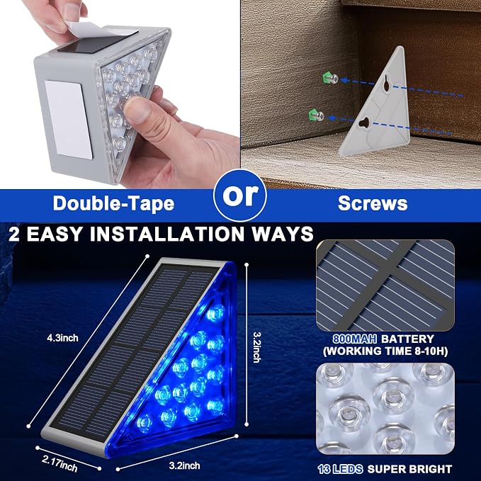 AUDLES 8 Pack Solar Stair Lights, Outdoor Step Lights with Waterproof IP67, Blue Color LED Solar Light for Outside Light Decor for Stair, Deck, Front Step, Front Porch, Patio and Backyard