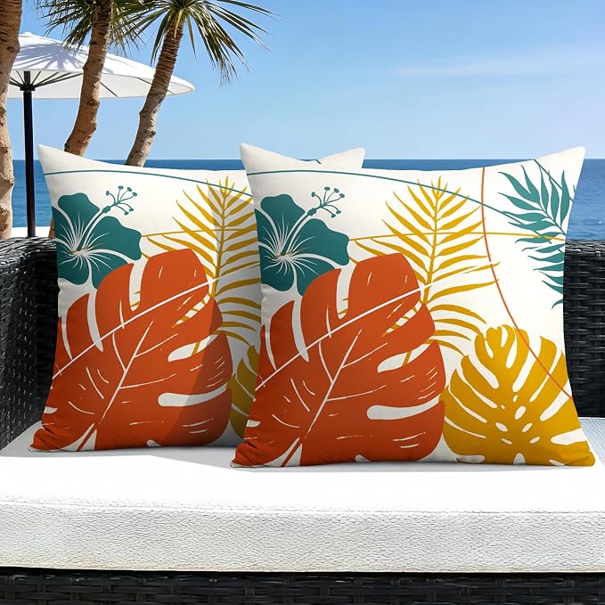 OTOSTAR Outdoor Waterproof Throw Pillow Covers 16x16 Inch Set of 2 Double-Sided Orange Yellow Tropical Leaf and Flower Spring Summer Decorative Pillow Cases for Patio Funiture Garden Balcony Couch