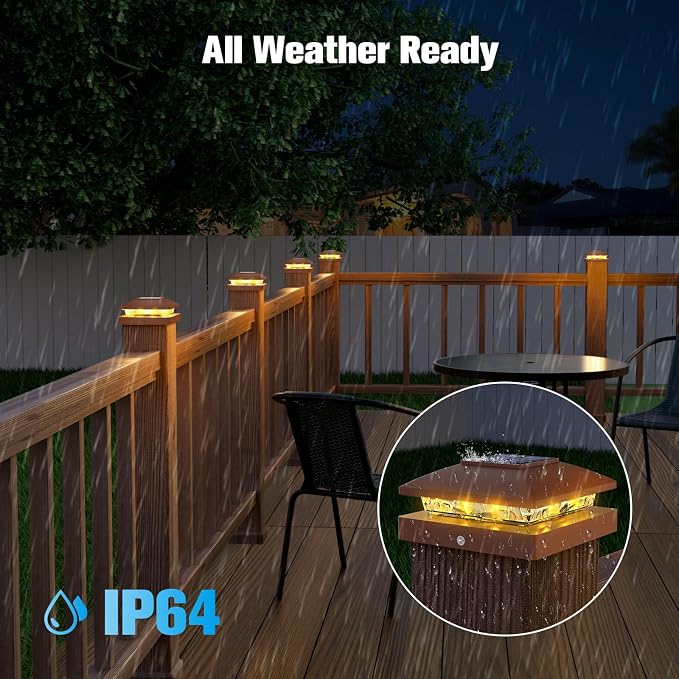 VOLISUN 4x4 Solar Post Cap Light 16pack,Solar Fence - Post Lights Brown Outdoor Waterproof for Wooden/Vinyl Post, with Warm White for Deck