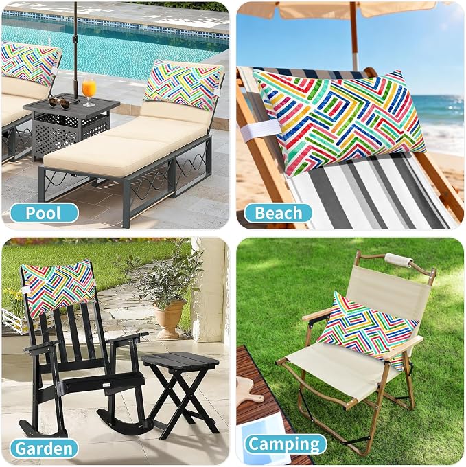 Outdoor Pillows for Lounge Chair Head Resting 2 Pack Waterproof | Headrest Lumbar Pillows with Adjustable Strap for Recliner Beach Pool Lounger Chair, Multicolor