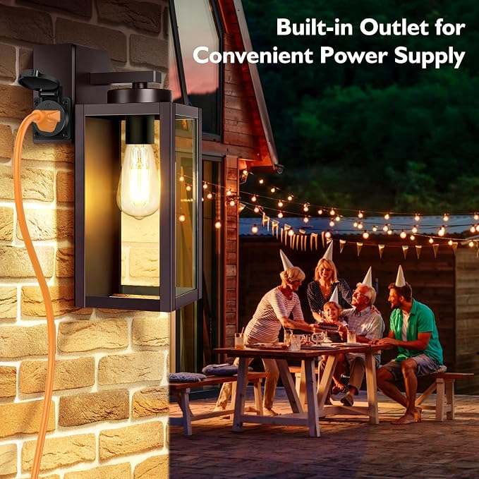 BesLowe Porch Lights with Outlet, Brown Modern Outdoor Wall Light Fixtures | UL-Listed Extra Power Socket, Waterproof, Rust-Resistant, Durable Metal with Clear Glass, Easy to Install