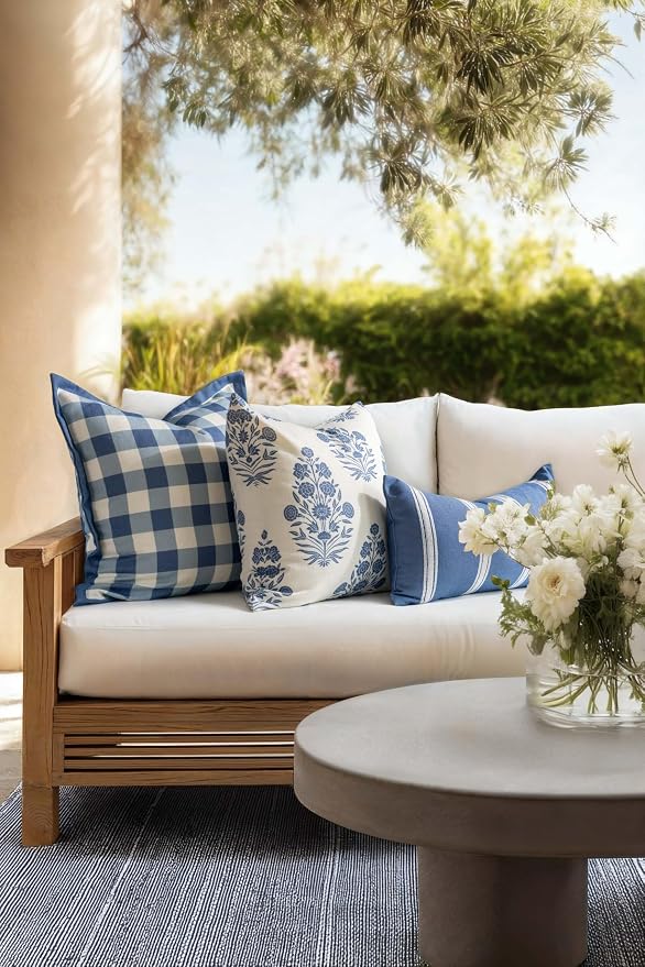 California Casual Coastal Indoor Outdoor Lumbar Pillow Cover, 12"x20" Water Repellent for Patio, Backyard, Couch, Poolside, Azure Blue White Embroidered Stripes