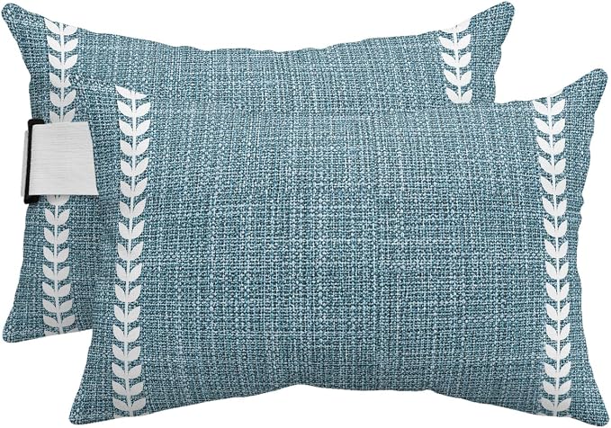 Modern Minimlist Outdoor Lumbar Pillows 12x20 Set of 2, Country Simple Vertical Leaf Pattern Blue Waterproof Throw Pillow Covers with Insert, Decorative Support Pillows for Lounge, Chaise
